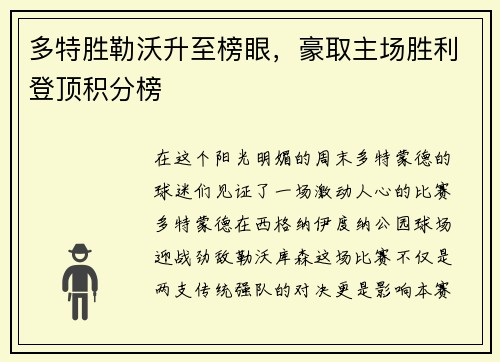 多特胜勒沃升至榜眼，豪取主场胜利登顶积分榜